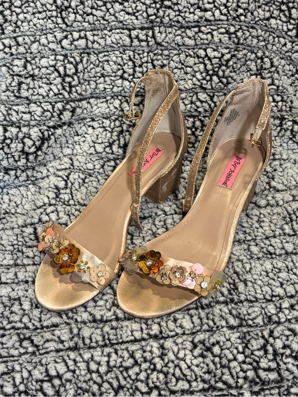 Betsey Johnson Rose Gold Floral Sequin Block Heel Sandals